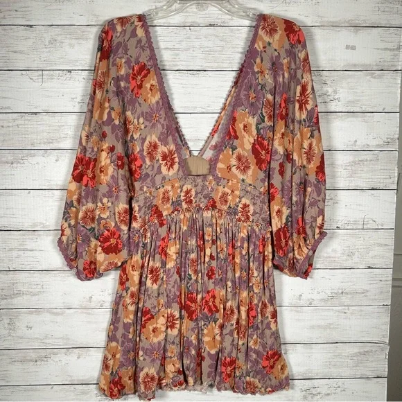 Free People Sweet Dreams Taupe Combo Printed Rayon Crinkle Mini Raw Hem Dress S - Picture 12 of 13